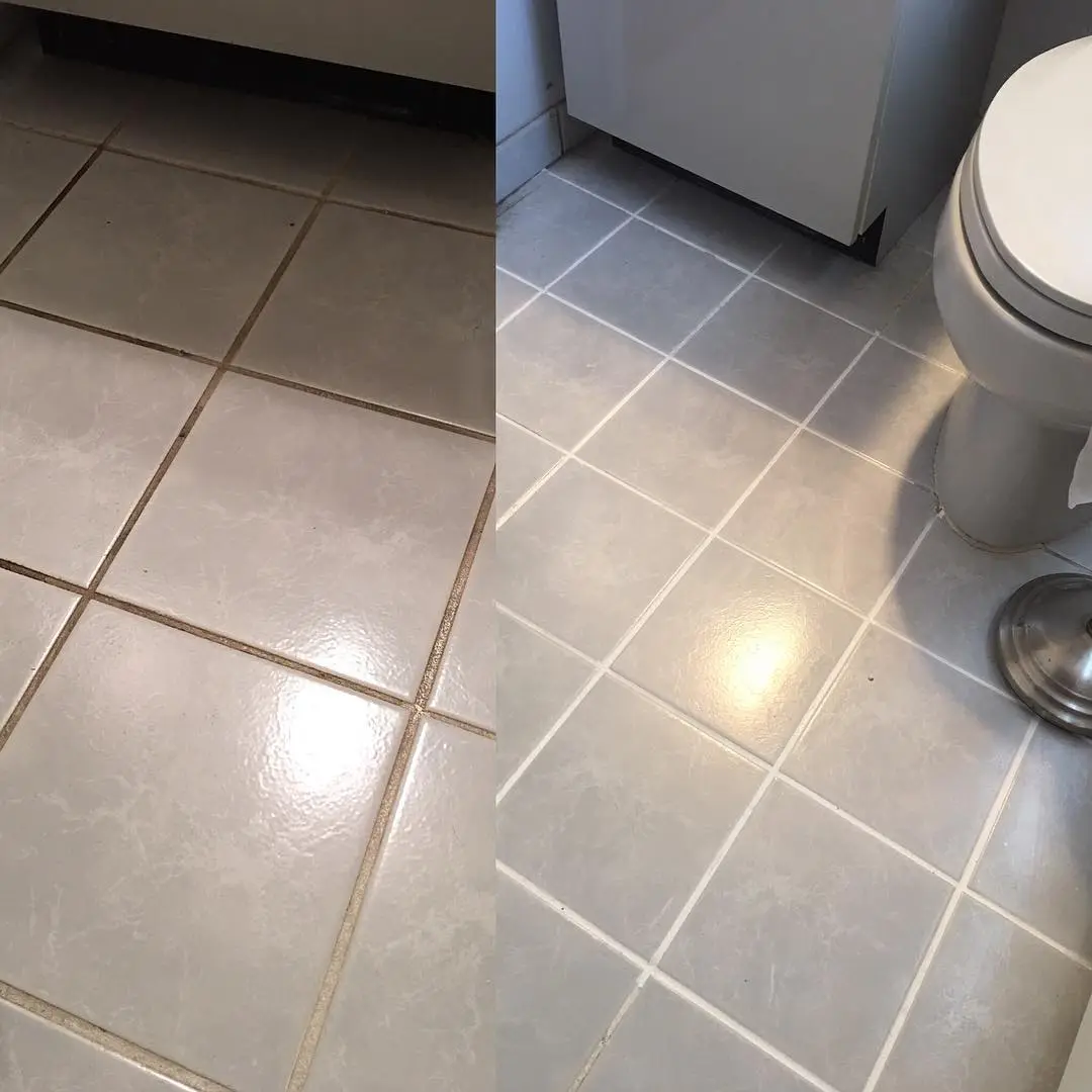 Before and after tile floor cleaning.