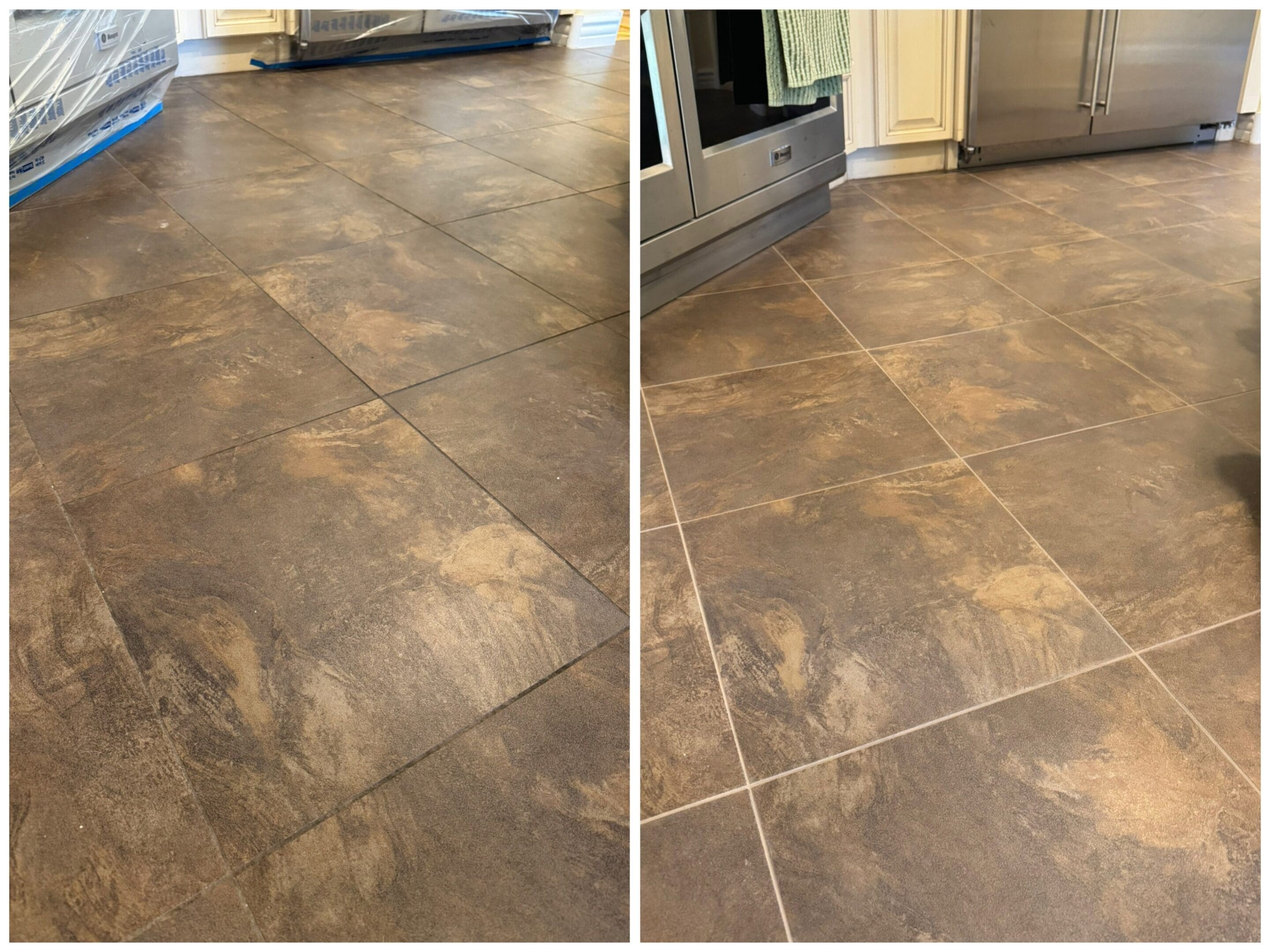 Brown tiled floor in a kitchen.