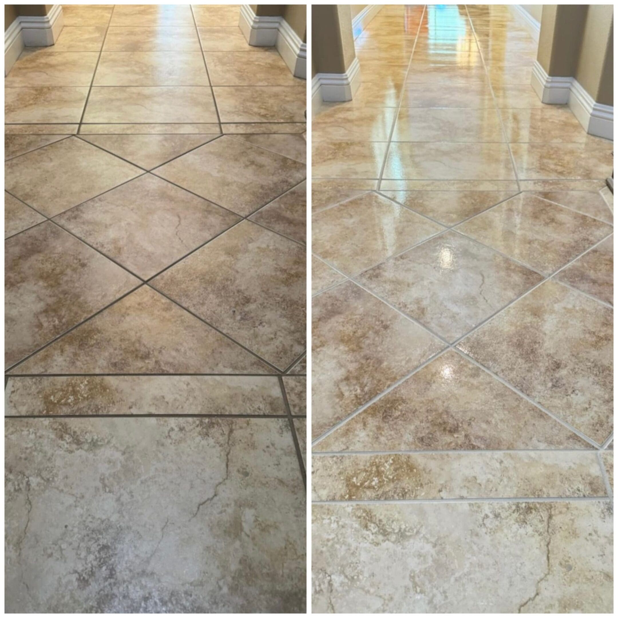 Before and after tile floor cleaning.