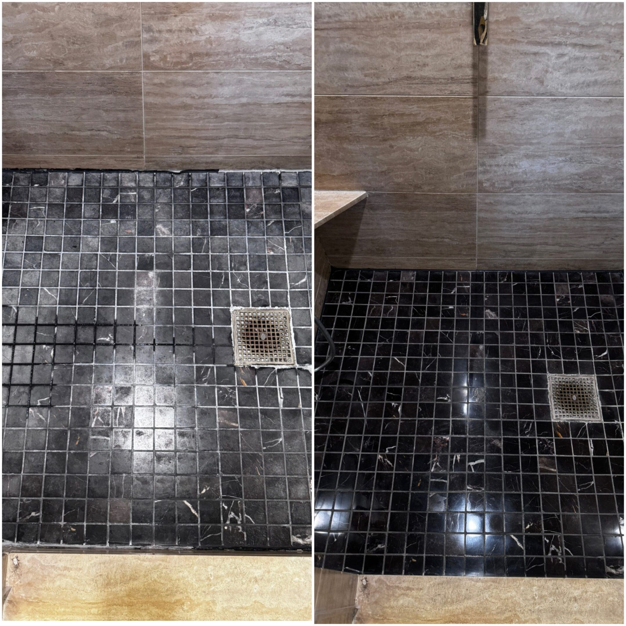 Before and after comparison of polished marble tile floor in a shower, showcasing restored shine and cleanliness, emphasizing marble surface restoration services by Ultimate Finish Stone, Tile & Grout in Las Vegas.