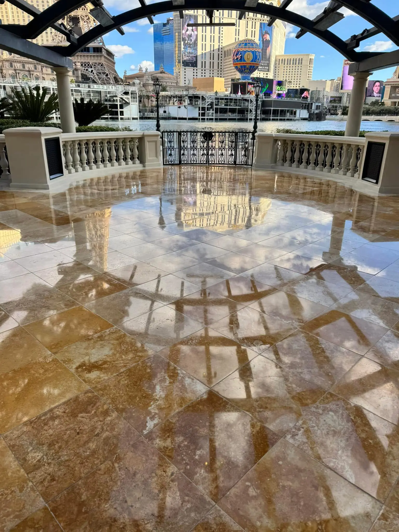 Polished Travertine floor located at the Bellagio hotel and casino in Las Vegas. The floors were polished to a mirror like finish and sealed to protect