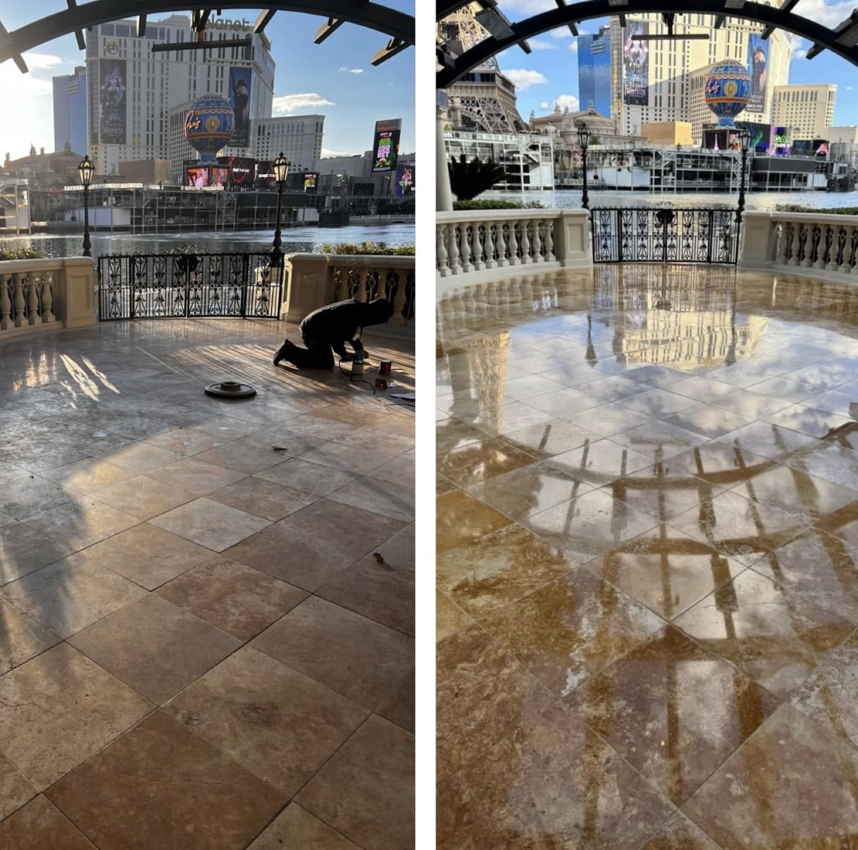 Travertine floor polishing process in Las Vegas, before and after restoration, showcasing smooth, glossy surface and improved aesthetics.
