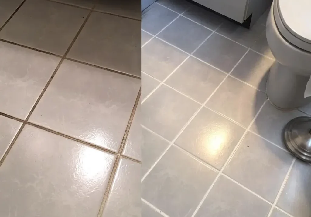 Before and after tile floor cleaning.